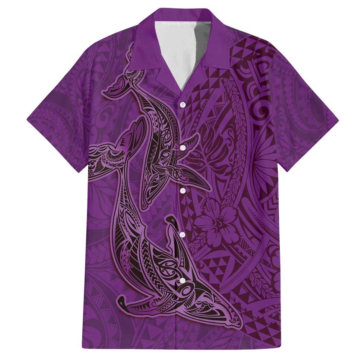 Hawaiian Whales Polynesian Art Motifs Family Matching Off The Shoulder Long Sleeve Dress and Hawaiian Shirt Purple Color - Polynesian Pride