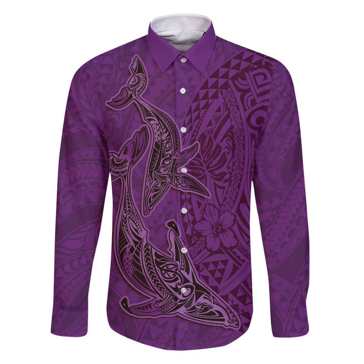 Hawaiian Whales Polynesian Art Motifs Family Matching Off The Shoulder Long Sleeve Dress and Hawaiian Shirt Purple Color - Polynesian Pride