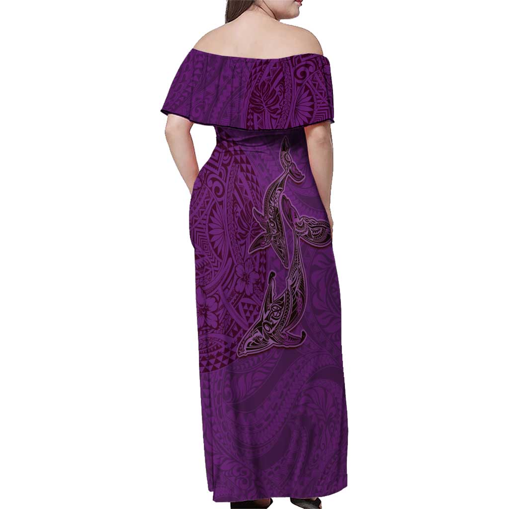 Hawaiian Whales Polynesian Art Motifs Family Matching Off Shoulder Maxi Dress and Hawaiian Shirt Purple Color - Polynesian Pride
