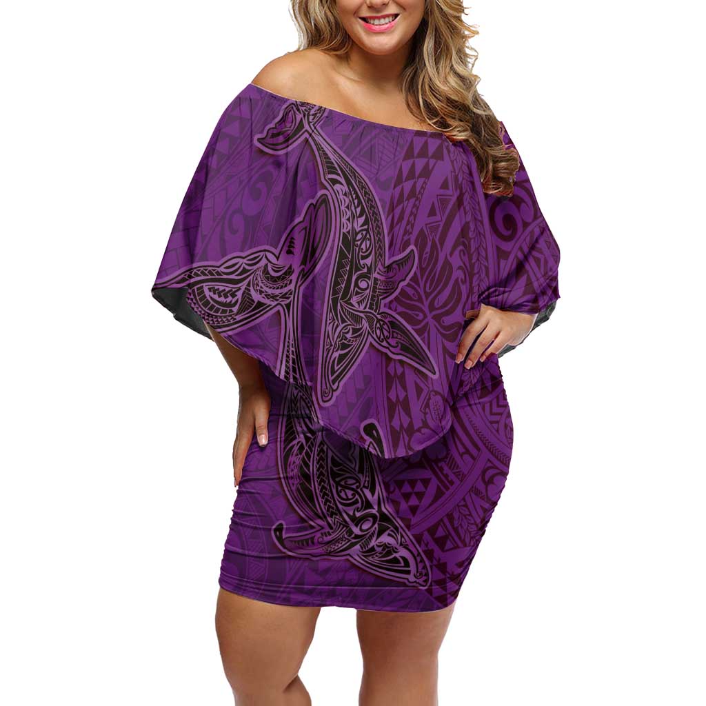 Hawaiian Whales Polynesian Art Motifs Family Matching Off Shoulder Short Dress and Hawaiian Shirt Purple Color - Polynesian Pride