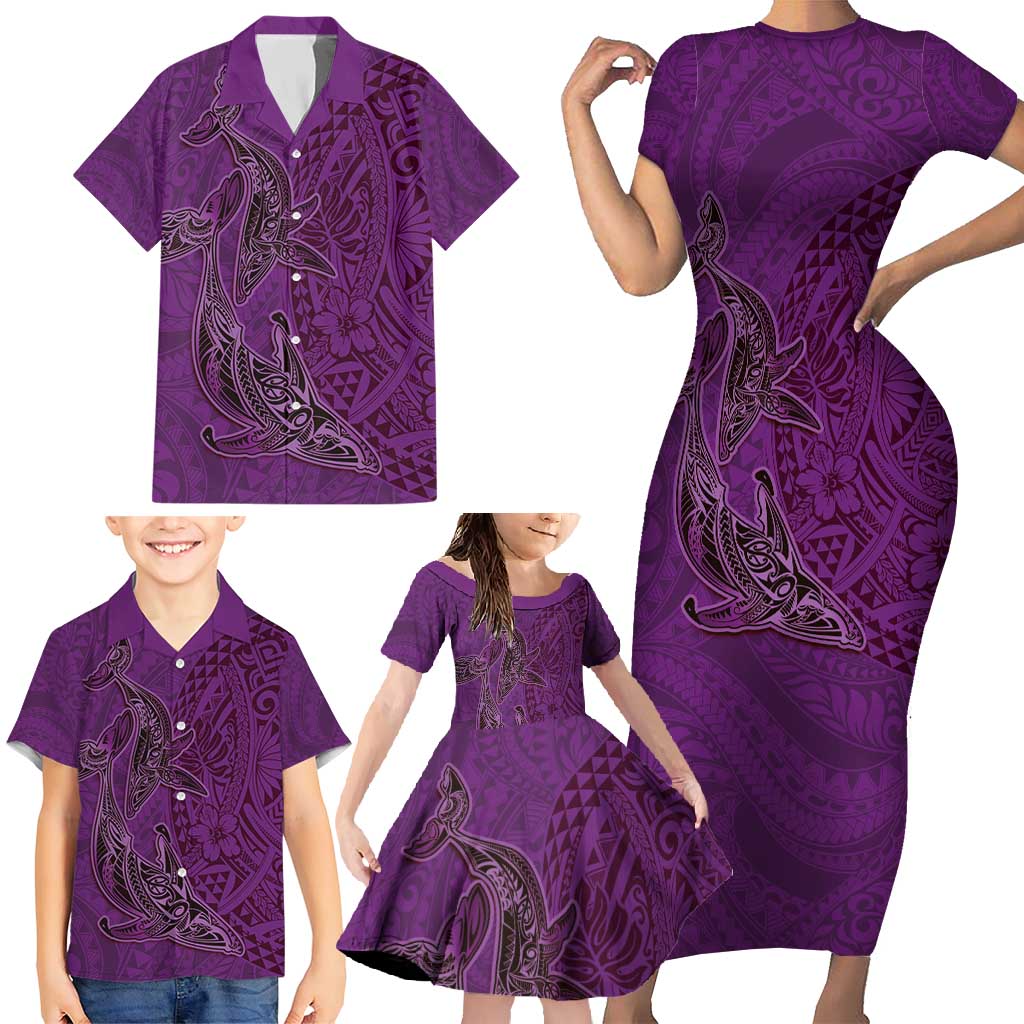 Hawaiian Whales Polynesian Art Motifs Family Matching Short Sleeve Bodycon Dress and Hawaiian Shirt Purple Color - Polynesian Pride