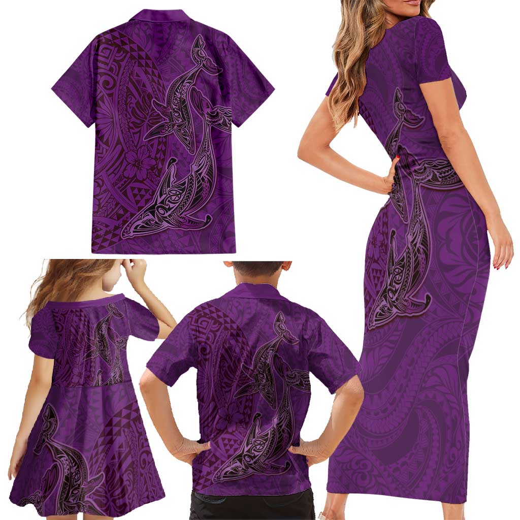 Hawaiian Whales Polynesian Art Motifs Family Matching Short Sleeve Bodycon Dress and Hawaiian Shirt Purple Color - Polynesian Pride