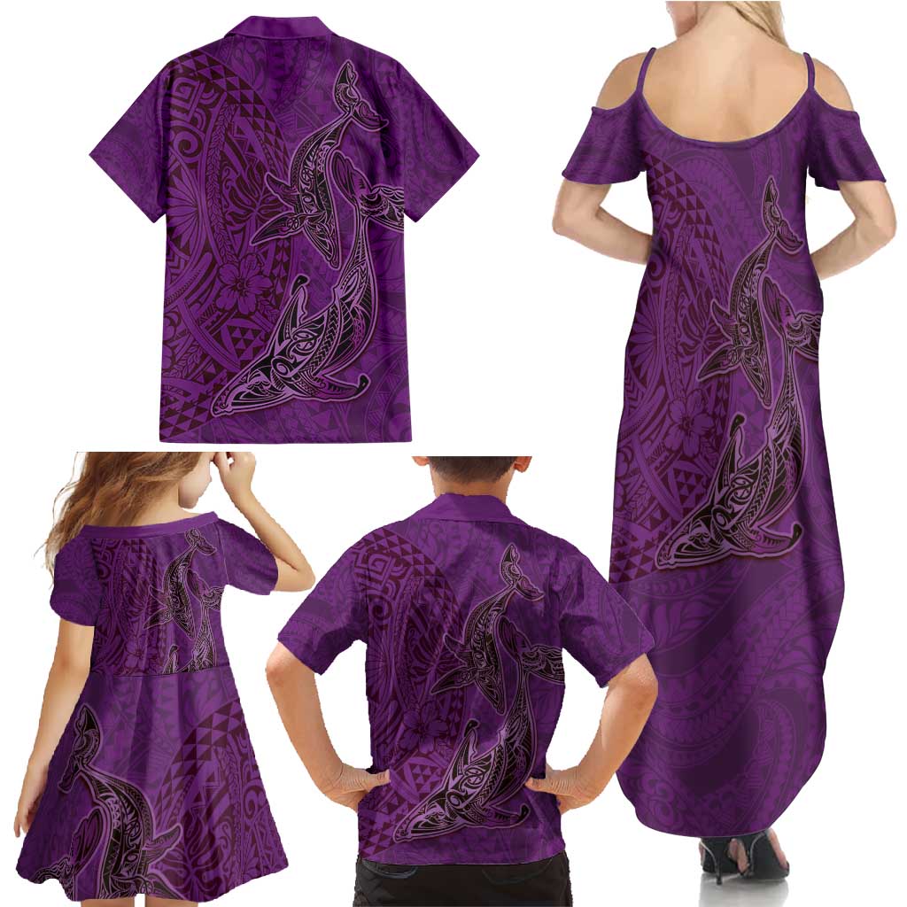 Hawaiian Whales Polynesian Art Motifs Family Matching Summer Maxi Dress and Hawaiian Shirt Purple Color - Polynesian Pride