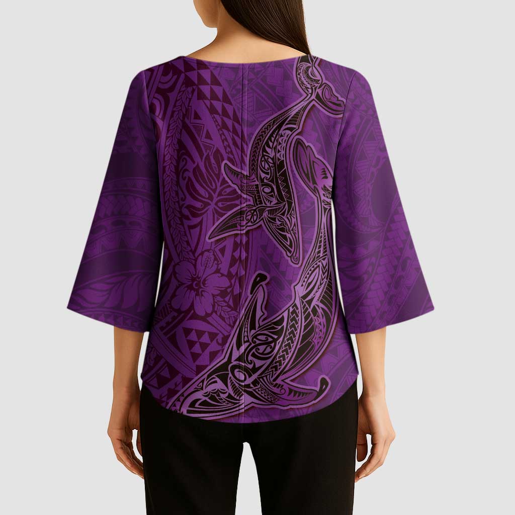 Hawaiian Whales Polynesian Art Motifs Kimono Sleeve Blouse Purple Color - Polynesian Pride