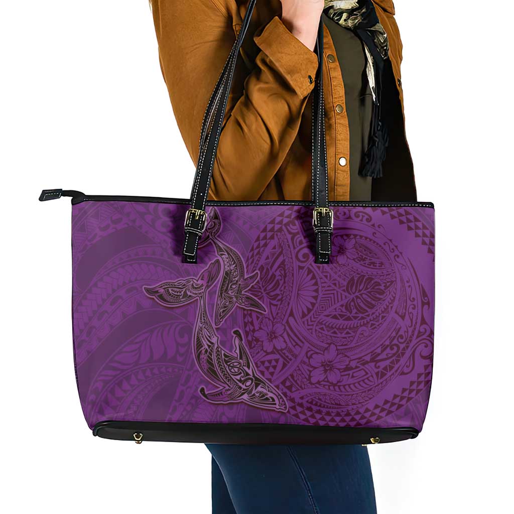 Hawaiian Whales Polynesian Art Motifs Leather Tote Bag Purple Color - Polynesian Pride