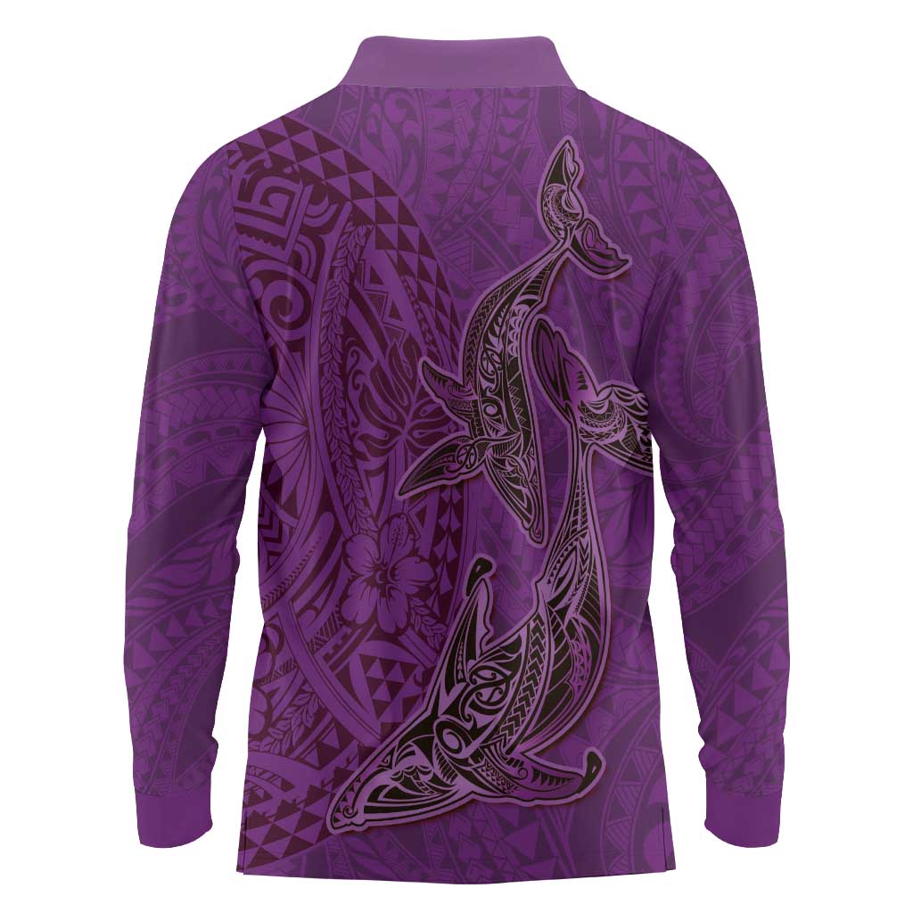 Hawaiian Whales Polynesian Art Motifs Long Sleeve Polo Shirt Purple Color - Polynesian Pride