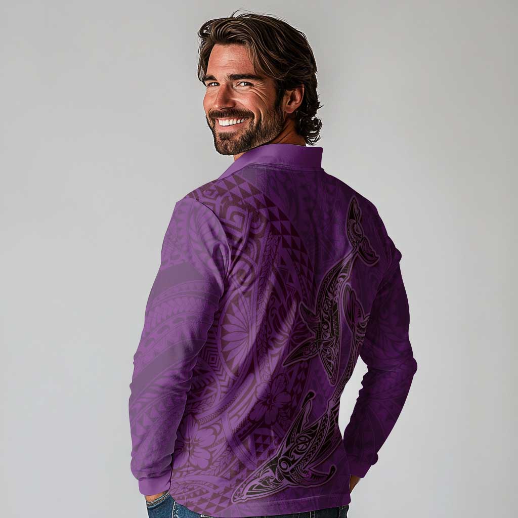 Hawaiian Whales Polynesian Art Motifs Long Sleeve Polo Shirt Purple Color - Polynesian Pride