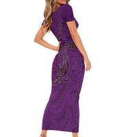 Hawaiian Whales Polynesian Art Motifs Short Sleeve Bodycon Dress Purple Color - Polynesian Pride