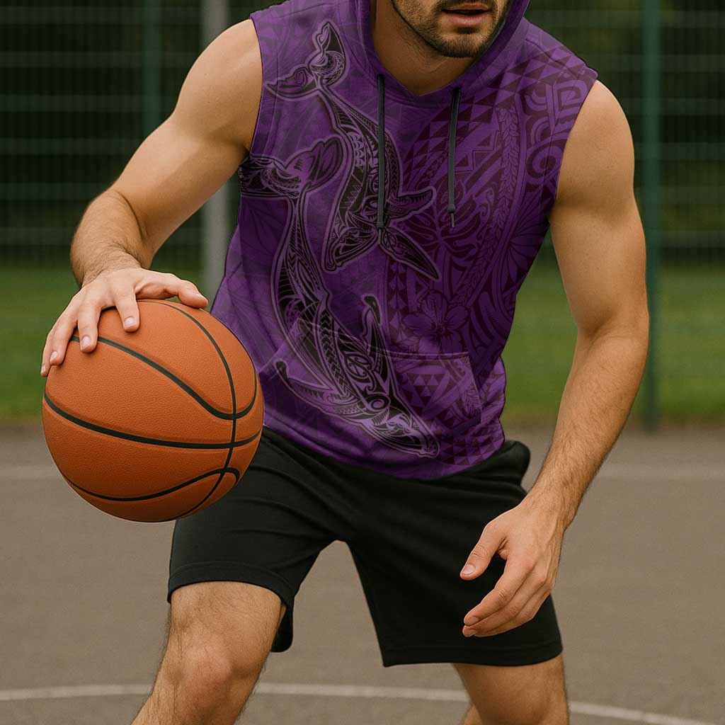 Hawaiian Whales Polynesian Art Motifs Sleeveless Hoodie Purple Color - Polynesian Pride