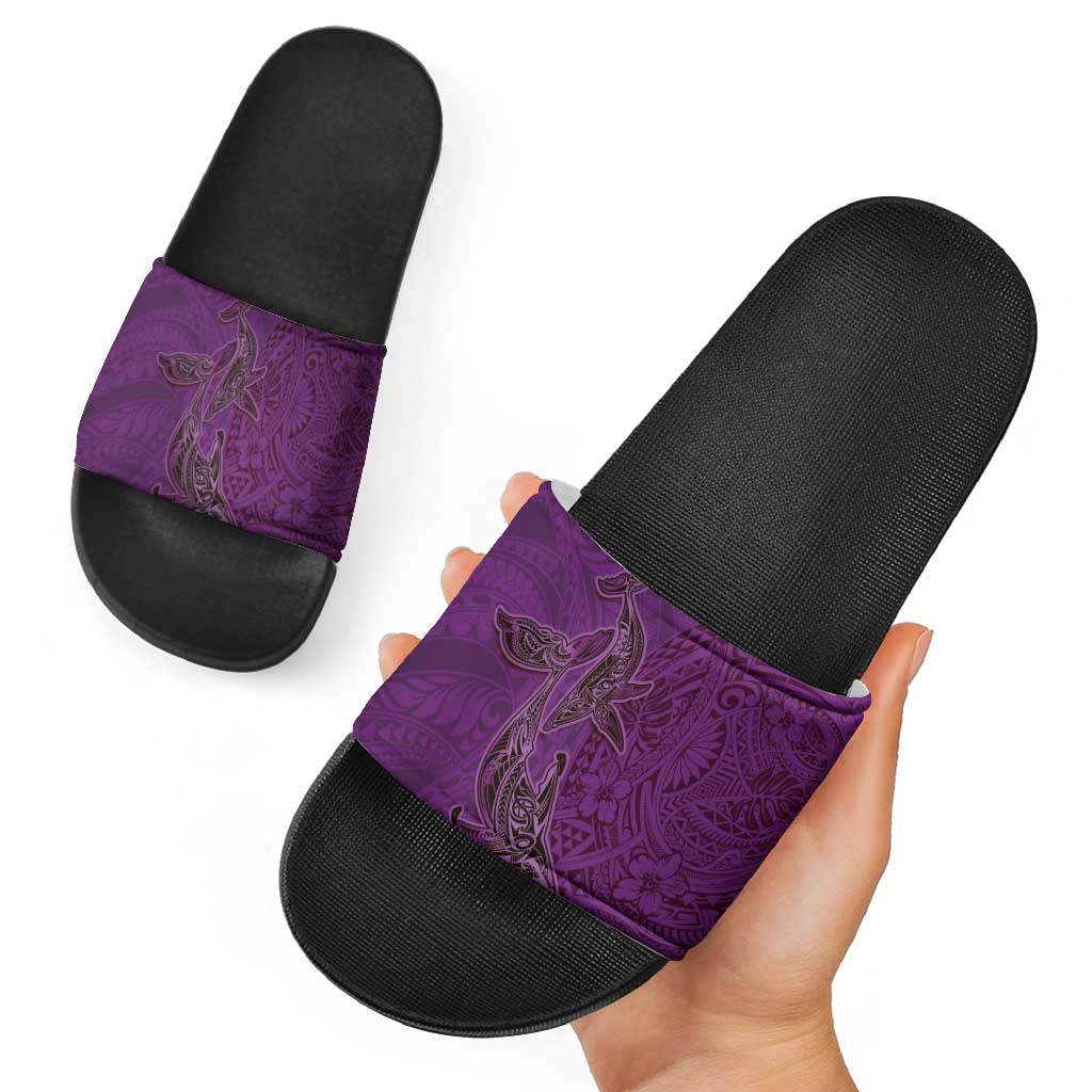 Hawaiian Whales Polynesian Art Motifs Slide Sandals Purple Color - Polynesian Pride