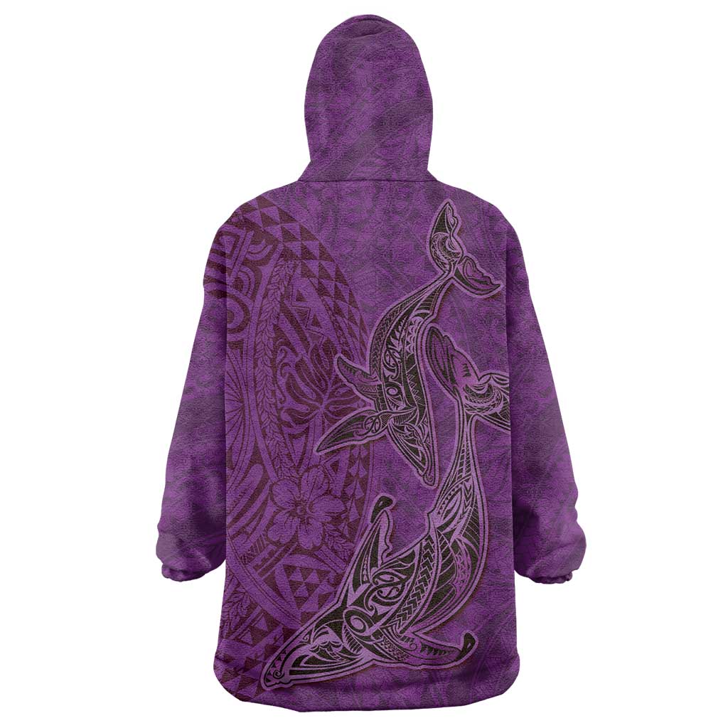 Hawaiian Whales Polynesian Art Motifs Wearable Blanket Hoodie Purple Color - Polynesian Pride