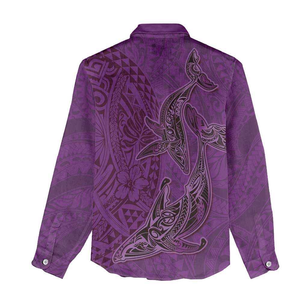 Hawaiian Whales Polynesian Art Motifs Women Casual Shirt Purple Color - Polynesian Pride