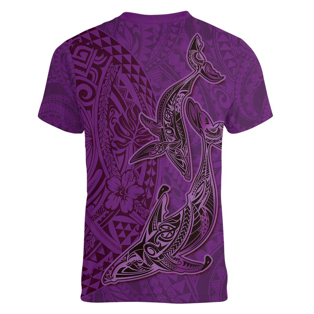 Hawaiian Whales Polynesian Art Motifs Women V-Neck T-Shirt Purple Color - Polynesian Pride