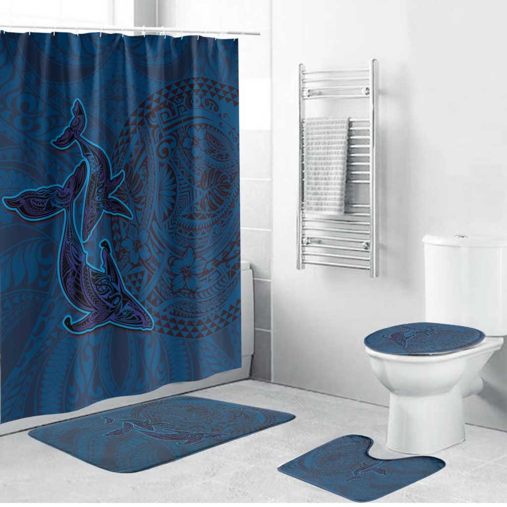 Hawaiian Whales Polynesian Art Motifs Bathroom Set Blue Color - Polynesian Pride