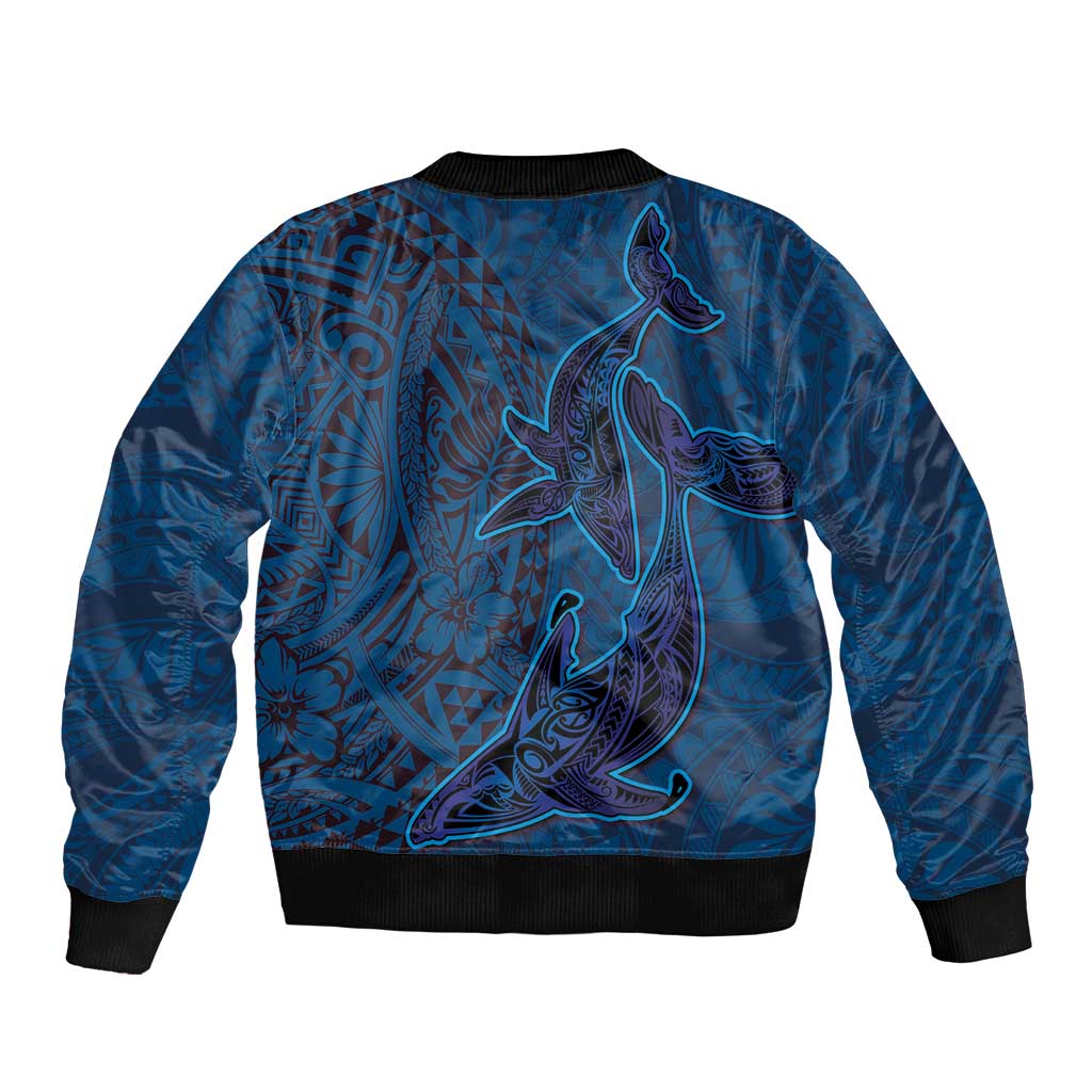 Hawaiian Whales Polynesian Art Motifs Bomber Jacket Blue Color - Polynesian Pride
