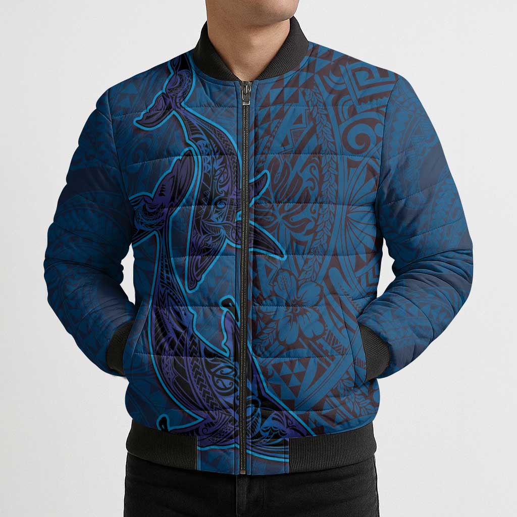 Hawaiian Whales Polynesian Art Motifs Bomber Puffer Jacket Blue Color - Polynesian Pride