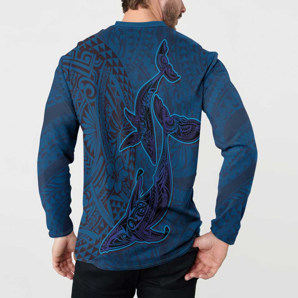 Hawaiian Whales Polynesian Art Motifs Button Sweatshirt Blue Color - Polynesian Pride