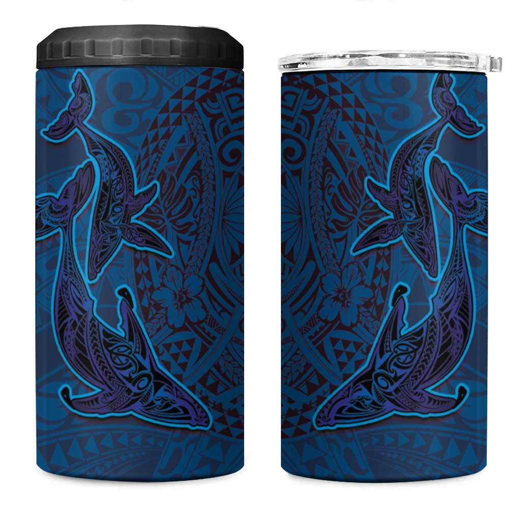 Hawaiian Whales Polynesian Art Motifs 4 in 1 Can Cooler Tumbler Blue Color - Polynesian Pride