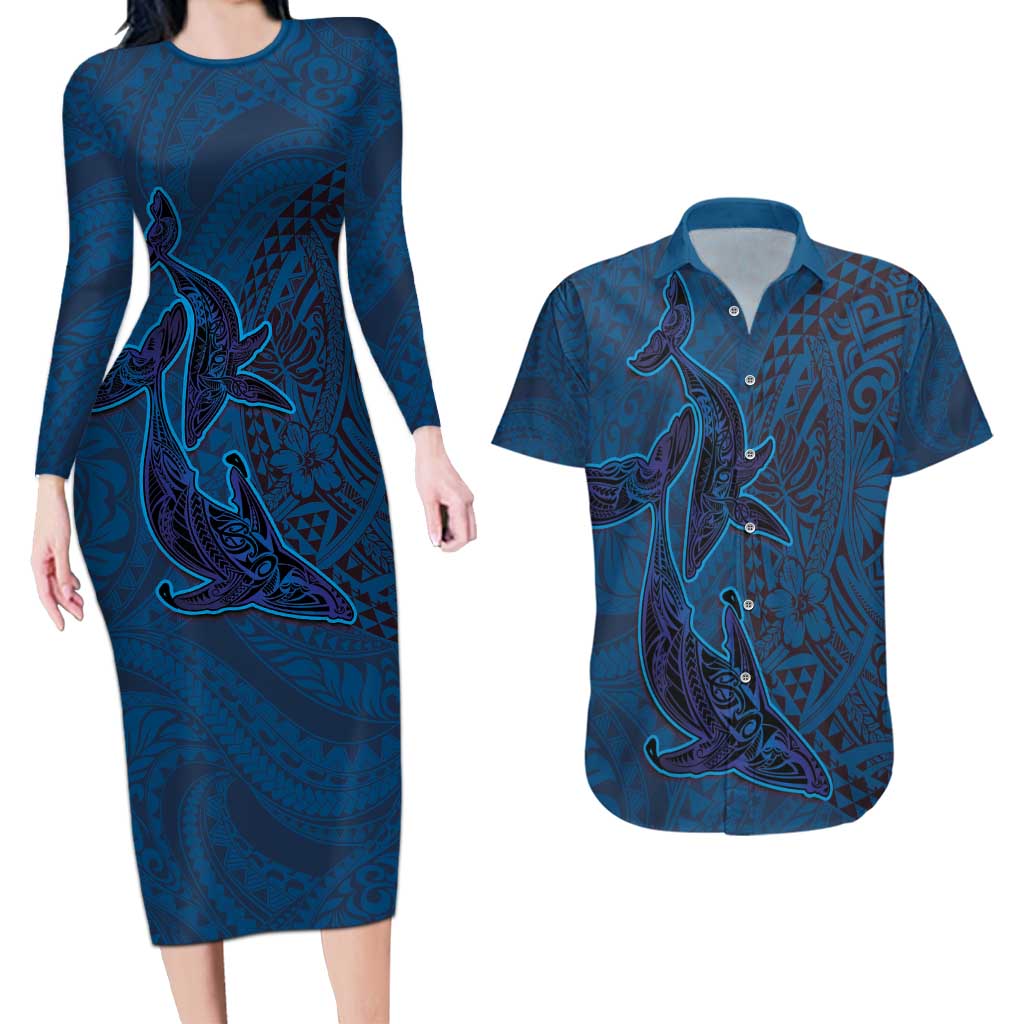 Hawaiian Whales Polynesian Art Motifs Couples Matching Long Sleeve Bodycon Dress and Hawaiian Shirt Blue Color - Polynesian Pride