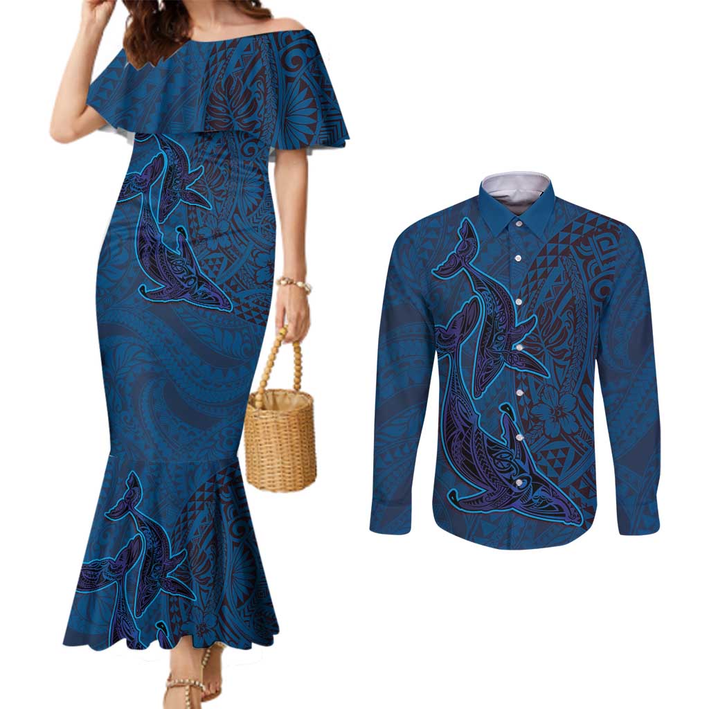 Hawaiian Whales Polynesian Art Motifs Couples Matching Mermaid Dress and Long Sleeve Button Shirt Blue Color - Polynesian Pride