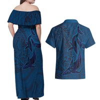 Hawaiian Whales Polynesian Art Motifs Couples Matching Off Shoulder Maxi Dress and Hawaiian Shirt Blue Color LT03 - Polynesian Pride