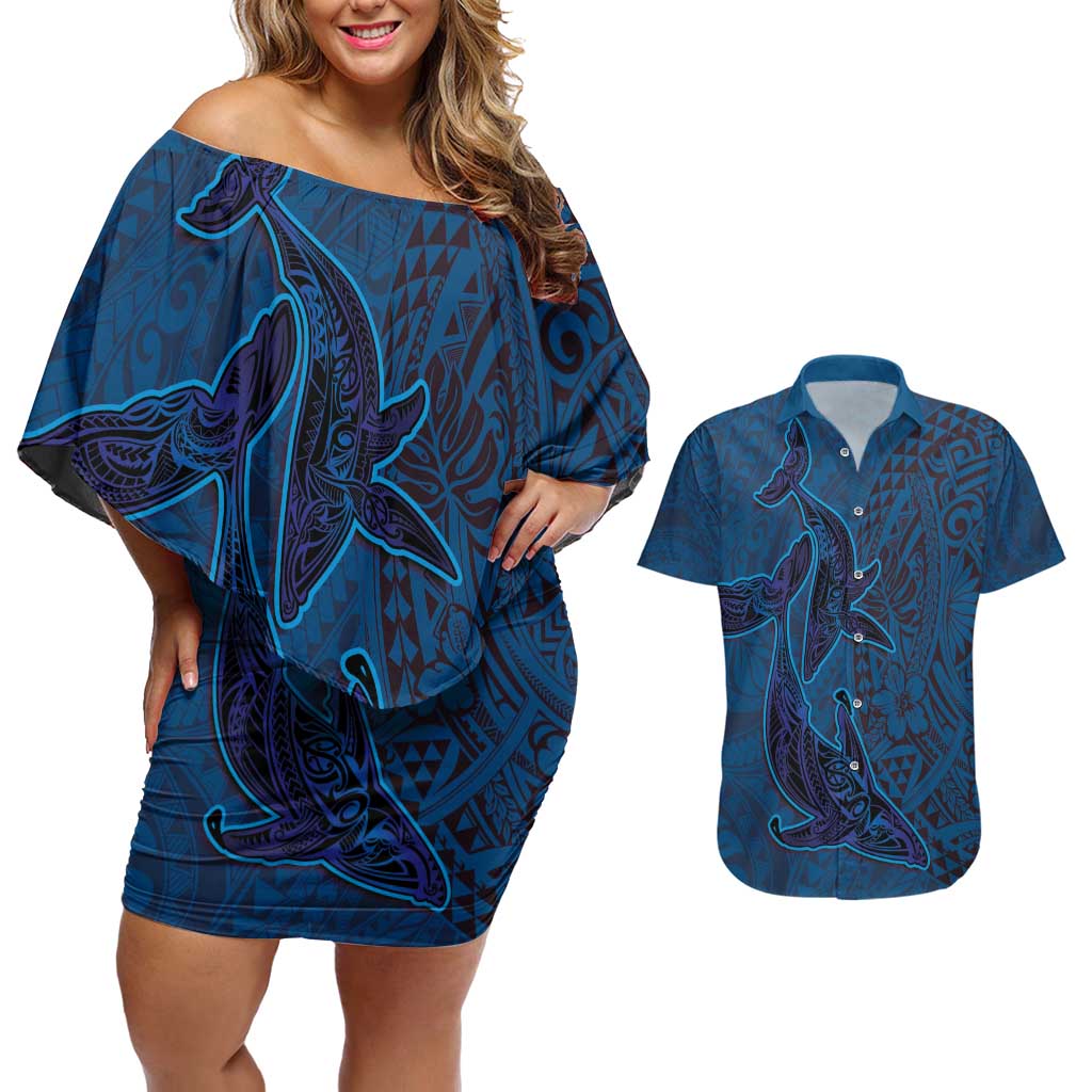 Hawaiian Whales Polynesian Art Motifs Couples Matching Off Shoulder Short Dress and Hawaiian Shirt Blue Color LT03 Blue - Polynesian Pride