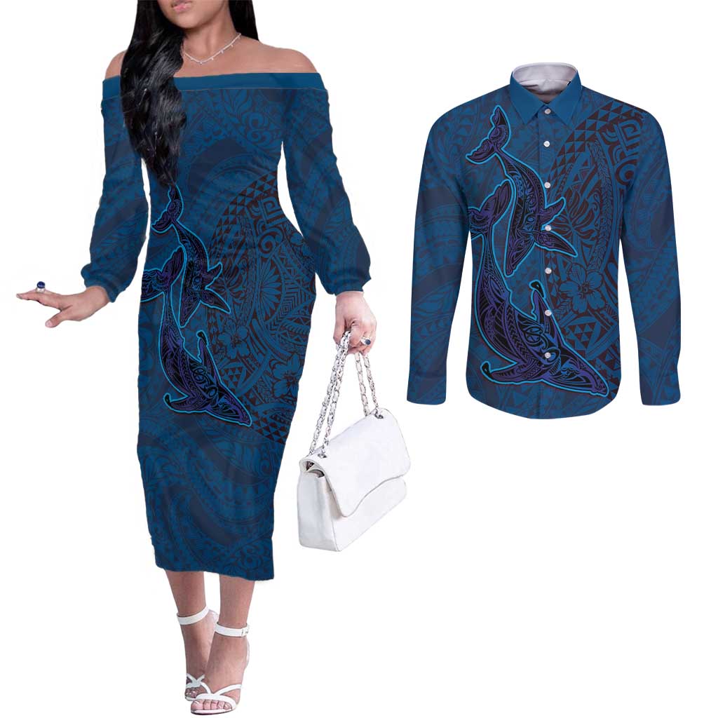 Hawaiian Whales Polynesian Art Motifs Couples Matching Off The Shoulder Long Sleeve Dress and Long Sleeve Button Shirt Blue Color - Polynesian Pride