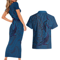 Hawaiian Whales Polynesian Art Motifs Couples Matching Short Sleeve Bodycon Dress and Hawaiian Shirt Blue Color LT03 - Polynesian Pride
