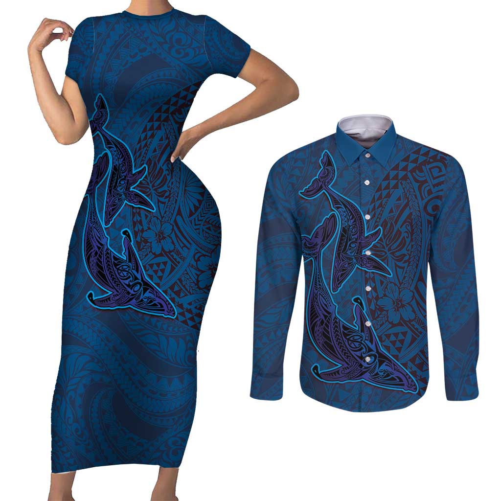 Hawaiian Whales Polynesian Art Motifs Couples Matching Short Sleeve Bodycon Dress and Long Sleeve Button Shirt Blue Color - Polynesian Pride