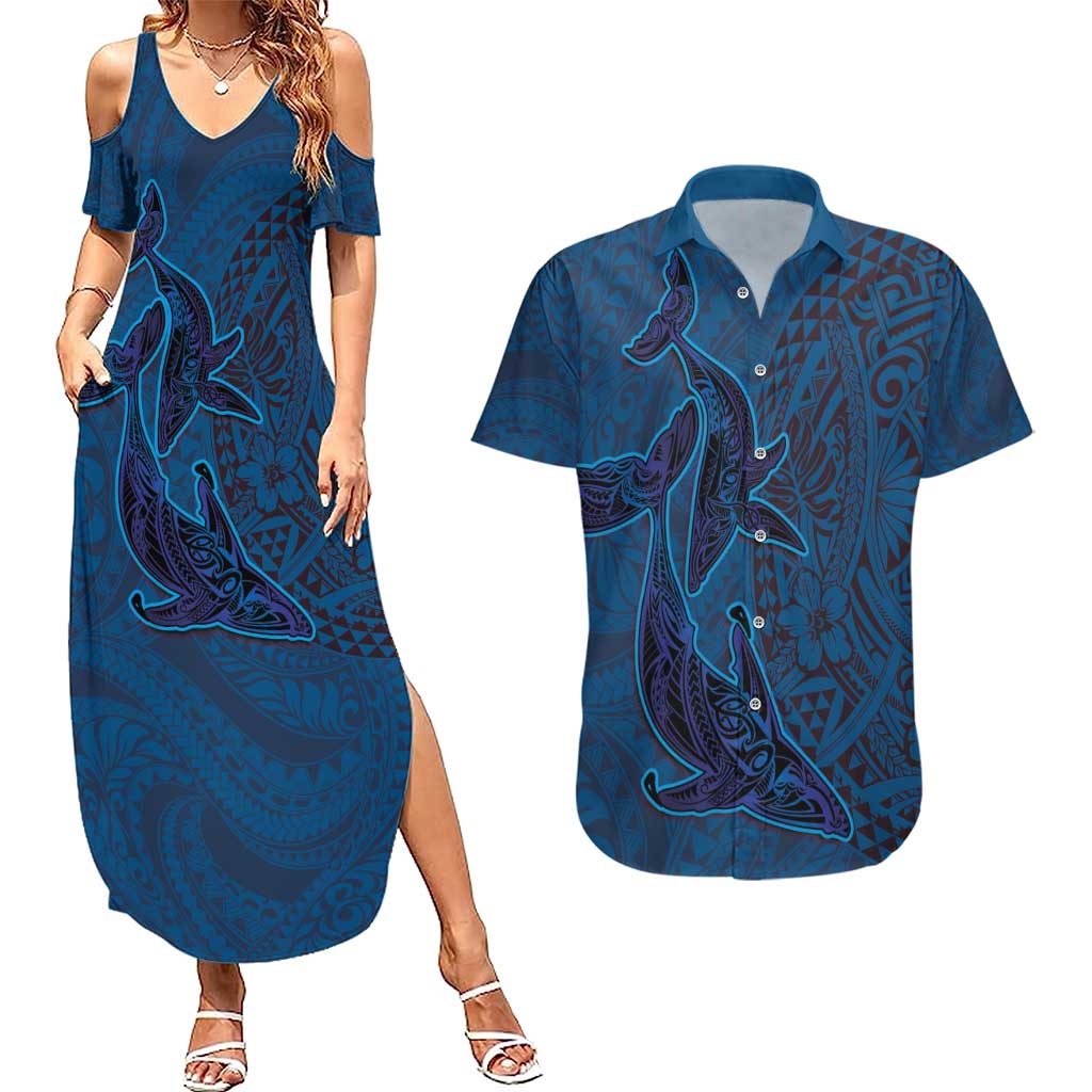 Hawaiian Whales Polynesian Art Motifs Couples Matching Summer Maxi Dress and Hawaiian Shirt Blue Color - Polynesian Pride