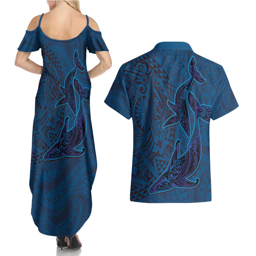 Hawaiian Whales Polynesian Art Motifs Couples Matching Summer Maxi Dress and Hawaiian Shirt Blue Color LT03 - Polynesian Pride