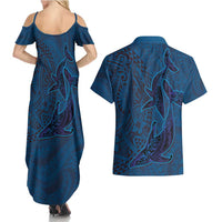 Hawaiian Whales Polynesian Art Motifs Couples Matching Summer Maxi Dress and Hawaiian Shirt Blue Color LT03 - Polynesian Pride