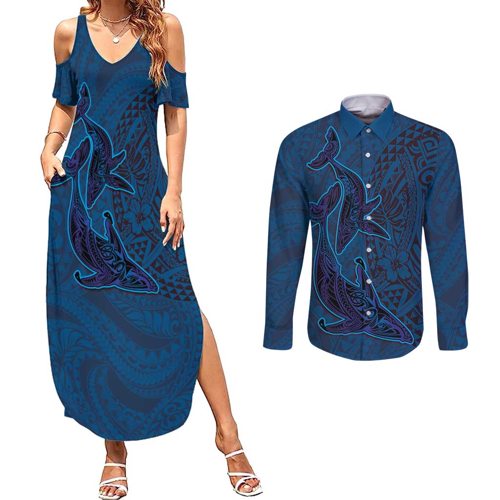 Hawaiian Whales Polynesian Art Motifs Couples Matching Summer Maxi Dress and Long Sleeve Button Shirt Blue Color - Polynesian Pride