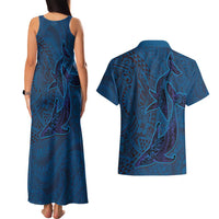 Hawaiian Whales Polynesian Art Motifs Couples Matching Tank Maxi Dress and Hawaiian Shirt Blue Color LT03 - Polynesian Pride