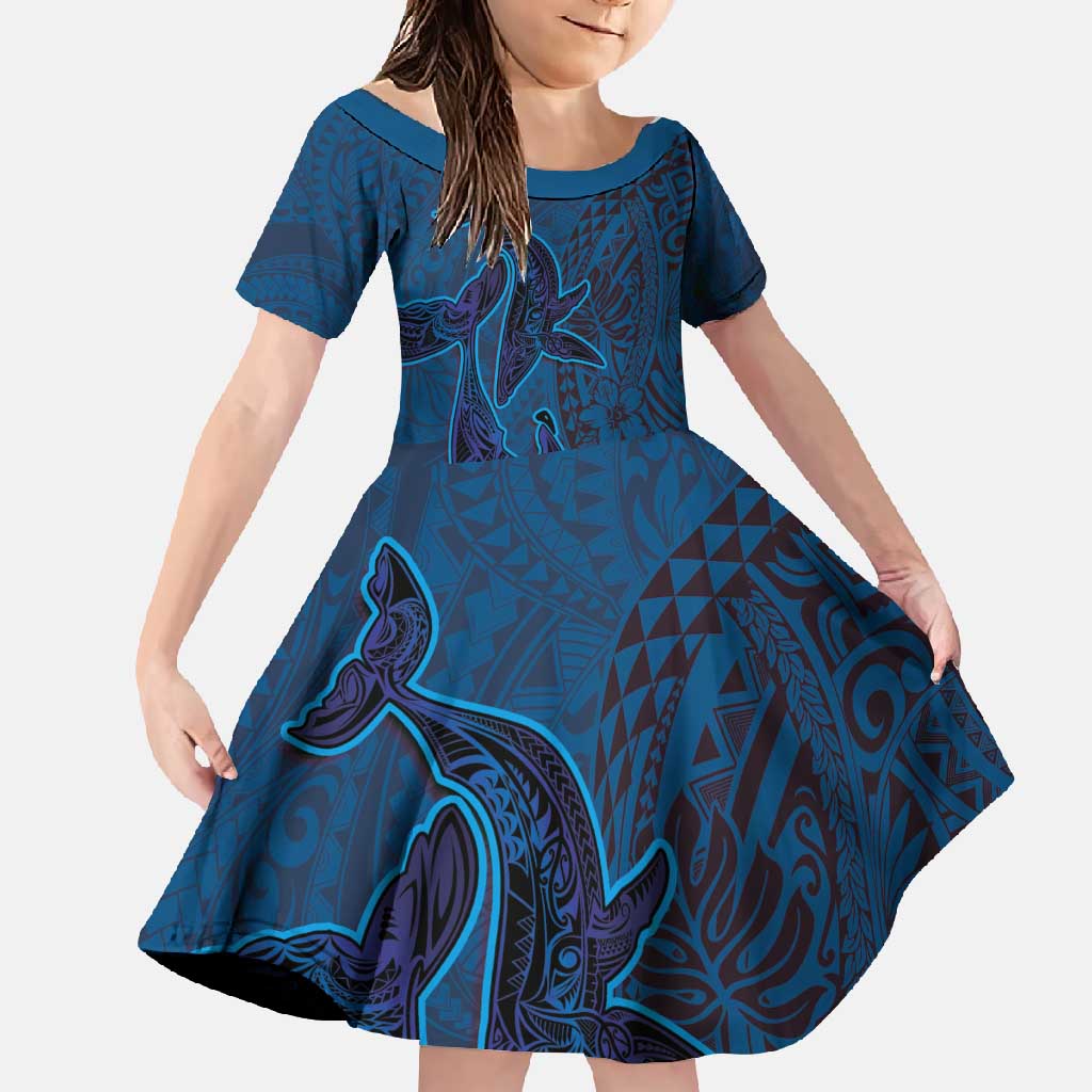 Hawaiian Whales Polynesian Art Motifs Family Matching Long Sleeve Bodycon Dress and Hawaiian Shirt Blue Color - Polynesian Pride