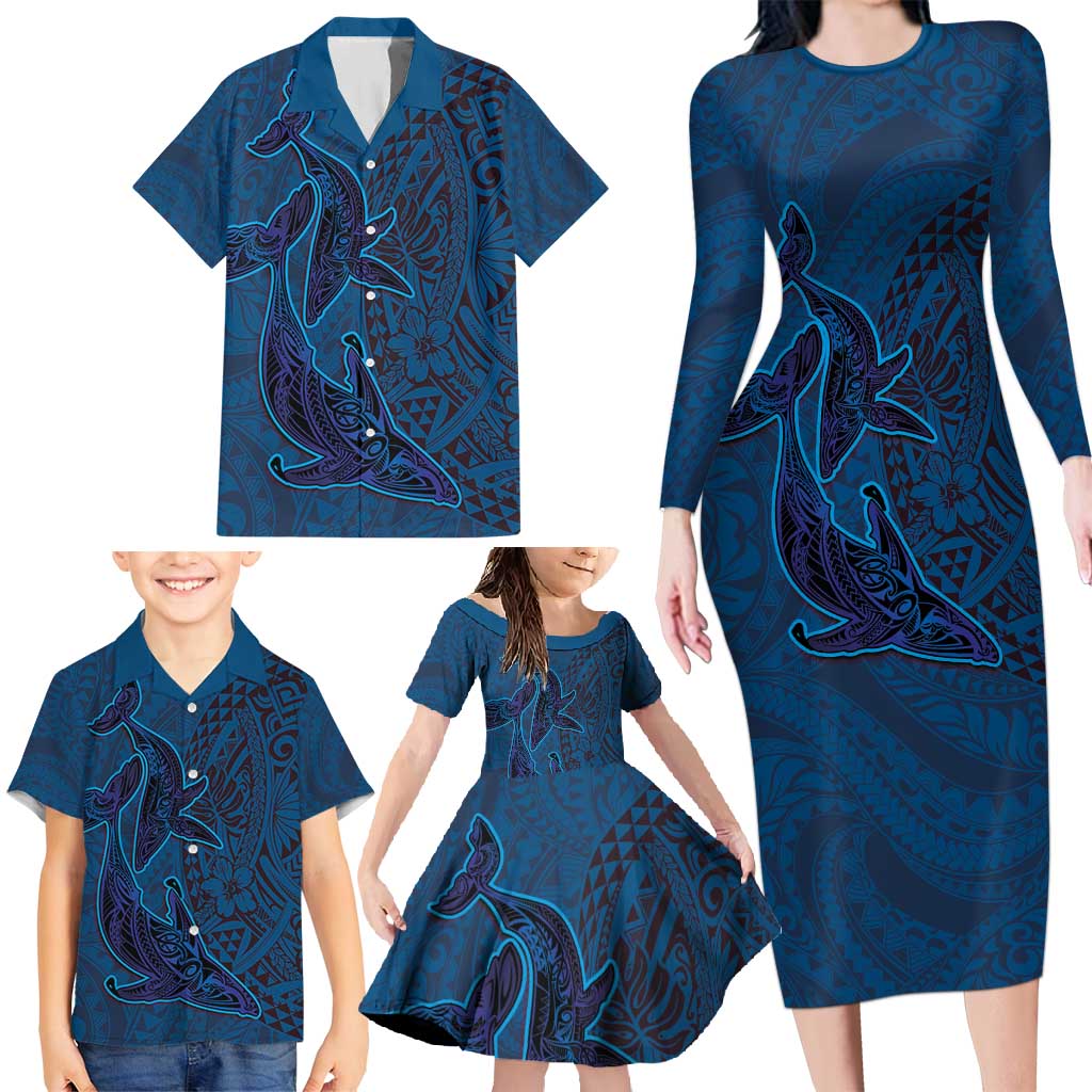 Hawaiian Whales Polynesian Art Motifs Family Matching Long Sleeve Bodycon Dress and Hawaiian Shirt Blue Color - Polynesian Pride