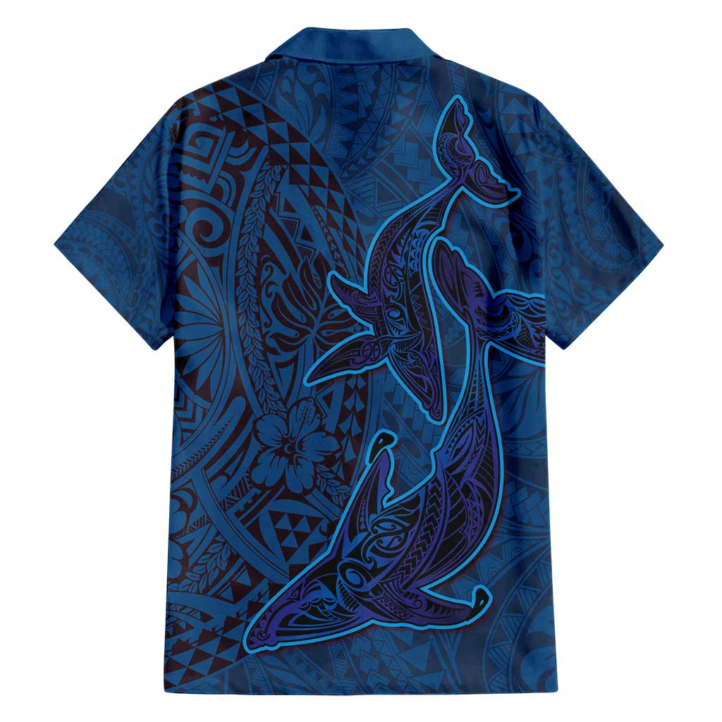 Hawaiian Whales Polynesian Art Motifs Family Matching Long Sleeve Bodycon Dress and Hawaiian Shirt Blue Color - Polynesian Pride