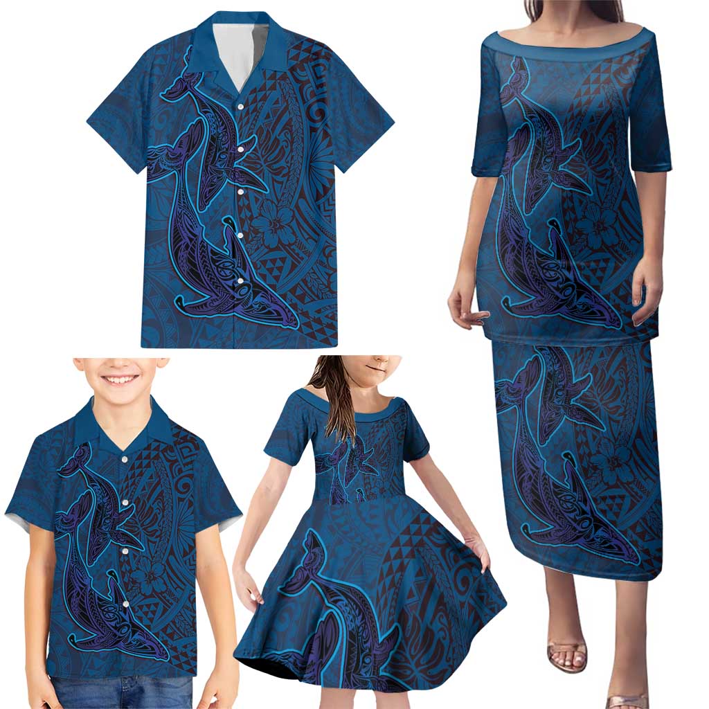 Hawaiian Whales Polynesian Art Motifs Family Matching Puletasi and Hawaiian Shirt Blue Color - Polynesian Pride