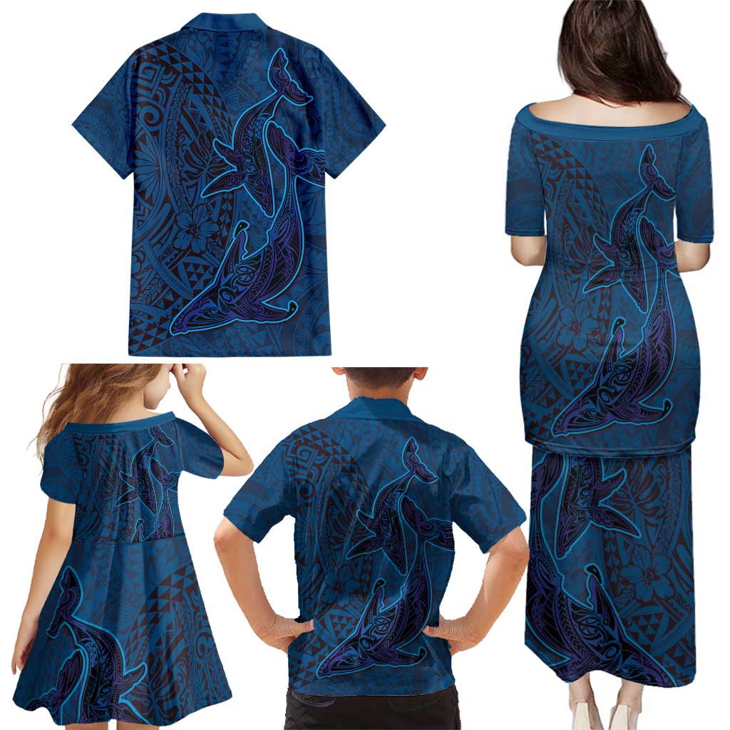 Hawaiian Whales Polynesian Art Motifs Family Matching Puletasi and Hawaiian Shirt Blue Color - Polynesian Pride
