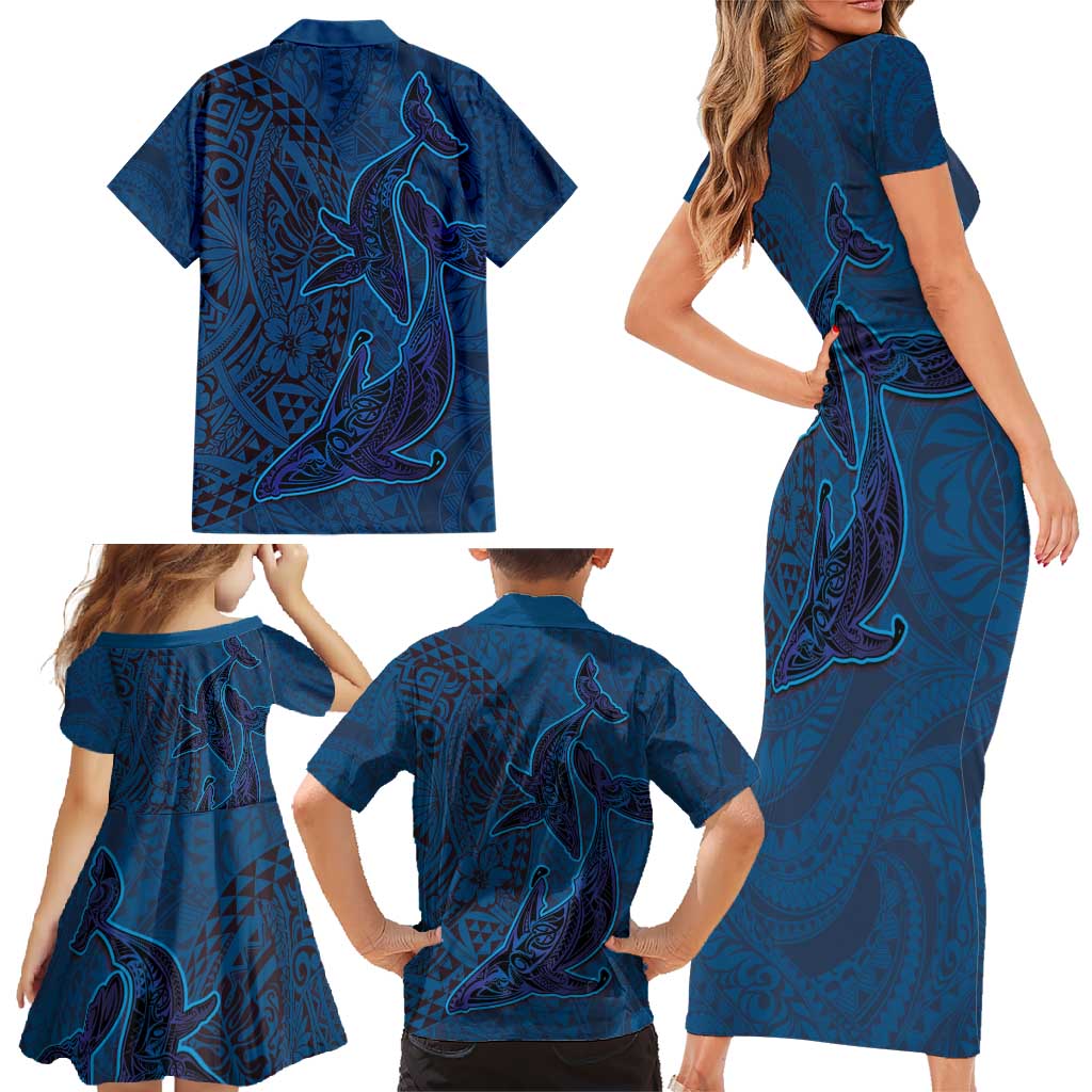 Hawaiian Whales Polynesian Art Motifs Family Matching Short Sleeve Bodycon Dress and Hawaiian Shirt Blue Color - Polynesian Pride
