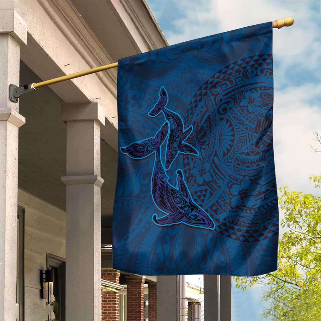 Hawaiian Whales Polynesian Art Motifs Garden Flag Blue Color - Polynesian Pride