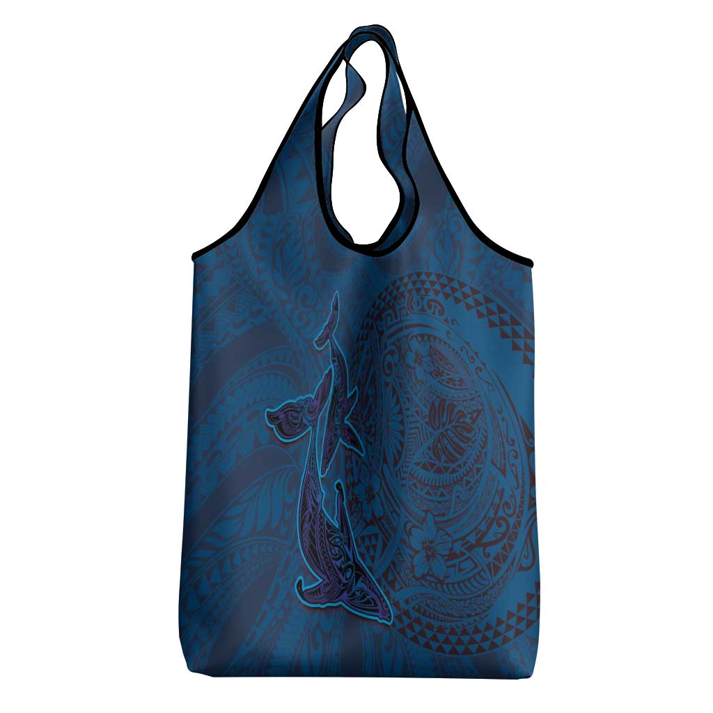 Hawaiian Whales Polynesian Art Motifs Grocery Bag Blue Color - Polynesian Pride