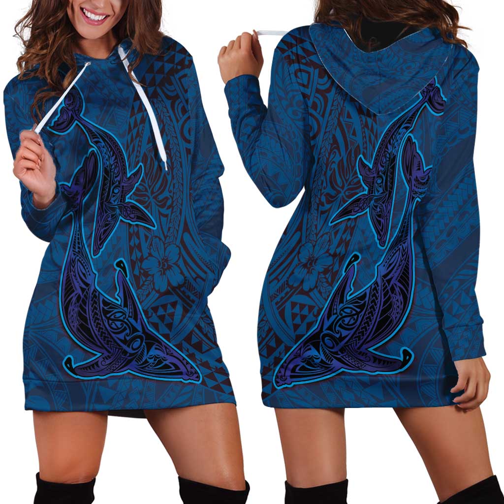 Hawaiian Whales Polynesian Art Motifs Hoodie Dress Blue Color - Polynesian Pride