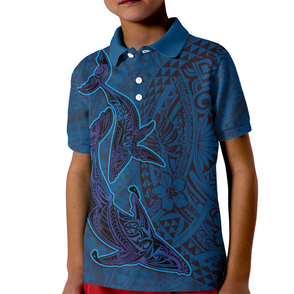 Hawaiian Whales Polynesian Art Motifs Kid Polo Shirt Blue Color - Polynesian Pride