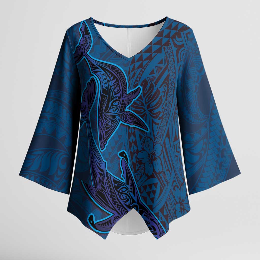 Hawaiian Whales Polynesian Art Motifs Kimono Sleeve Blouse Blue Color - Polynesian Pride