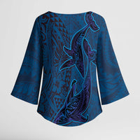 Hawaiian Whales Polynesian Art Motifs Kimono Sleeve Blouse Blue Color - Polynesian Pride