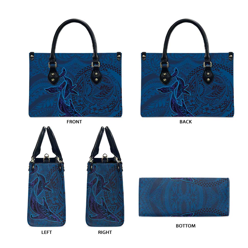 Hawaiian Whales Polynesian Art Motifs Leather Bag Blue Color - Polynesian Pride