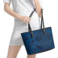 Hawaiian Whales Polynesian Art Motifs Leather Tote Bag Blue Color - Polynesian Pride
