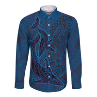 Hawaiian Whales Polynesian Art Motifs Long Sleeve Button Shirt Blue Color - Polynesian Pride