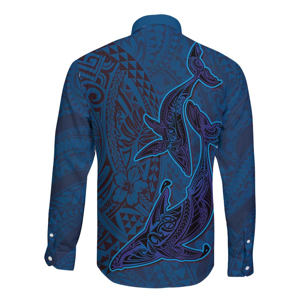 Hawaiian Whales Polynesian Art Motifs Long Sleeve Button Shirt Blue Color - Polynesian Pride